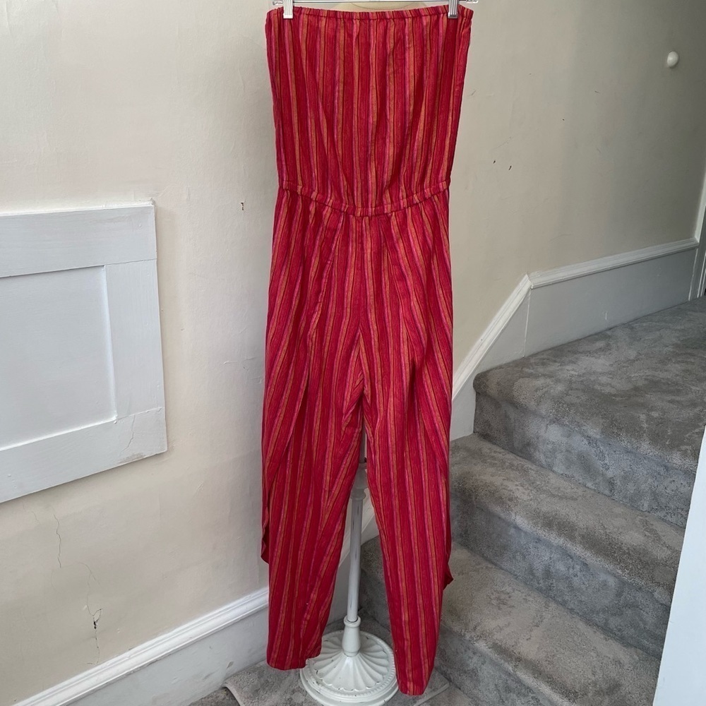Anthropologie Drew Emerson Red Walk Through Tulip Hem Striped Strapless Jumpsuit